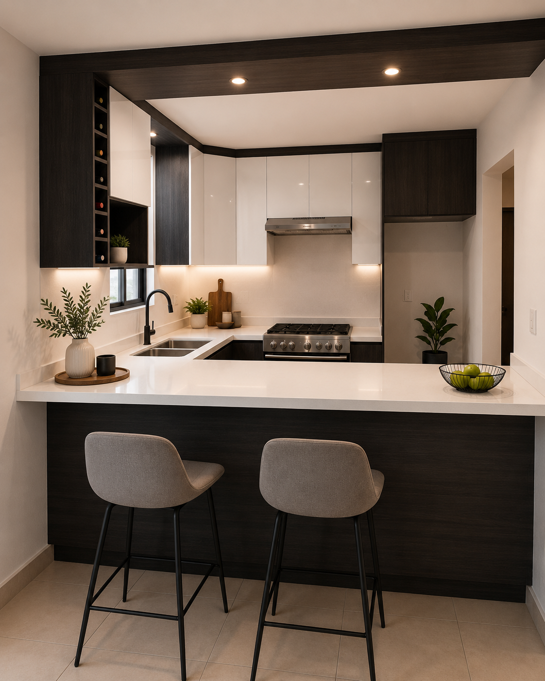 Cocina en U con barra, doble tarja y campana