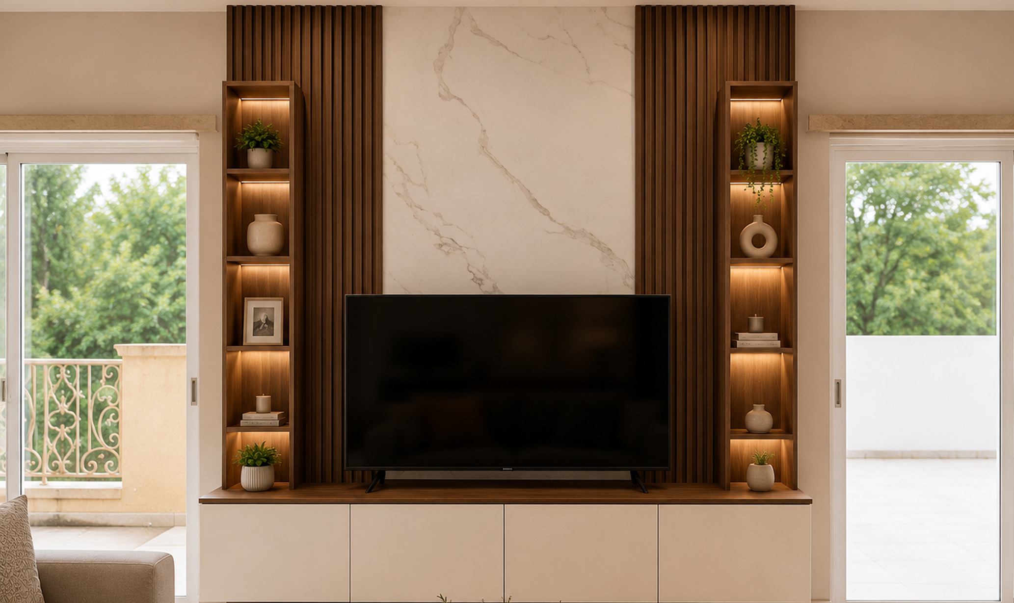 Mueble para TV con entrepaños y cajoneras