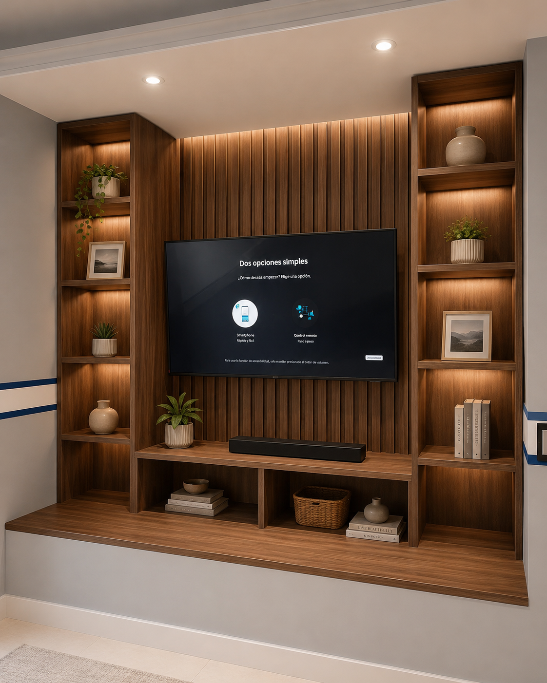 Mueble para TV empotrada con entrepaños laterales e inferiores